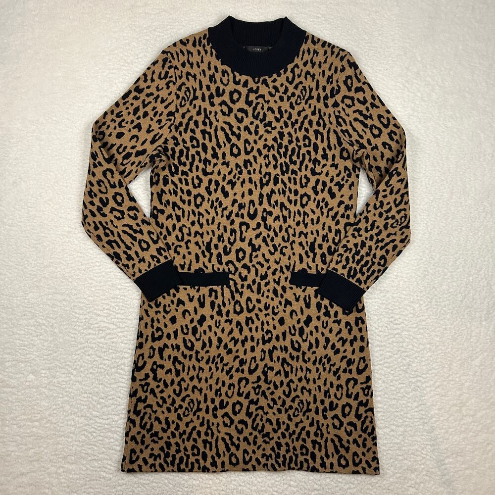 J Crew Size M Mock Neck Sweater Dress Leopard Pockets Wool Blend Knit Tan Black